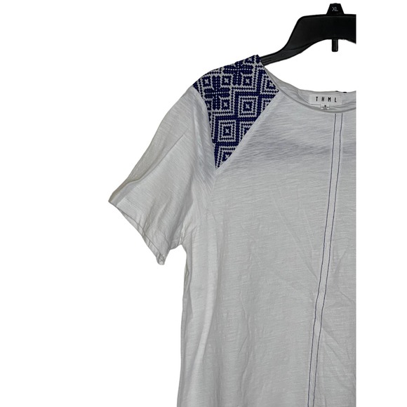 THML Women Top Crew Neck‎ 100% Cotton Short Sleeve Gauze White/Blue Medium - Picture 6 of 10